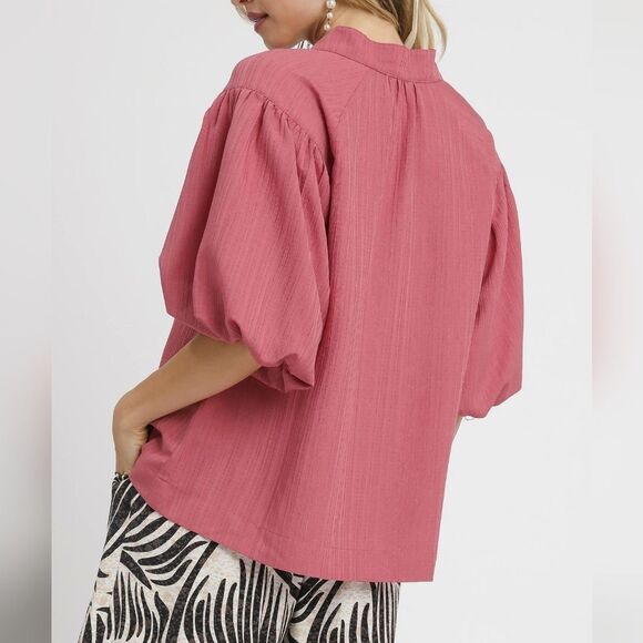 Umgee Textured Puff Sleeve Blouse In Rose Pink sz Small [2-4] - Picture 6 of 12